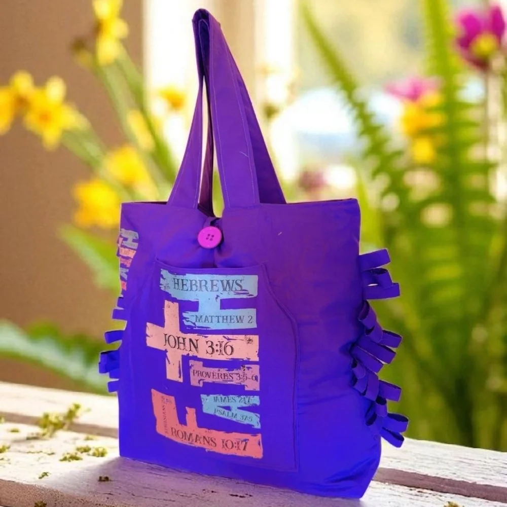 Vibrant Purple Ruffled Tote Bag with Playful Design